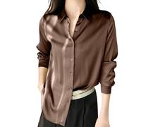 Womens Shirts And Blouses Uk - Women’s Satin Silk Blouse Button Down Casual Loose Long Sleeve Work Edition Shirt