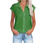 Women's Shirts, Cotton Linen Tops for Women Loose Fit Cap Sleeve Button Down Summer Shirt Comfort Lightweight Linen Blouses Solid Color Casual Work Tshirt Vacation Outfits