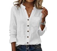 Womens Shirts Cotton Linen V Neck Long Sleeve Tops Women Mandarin Collar Button-Down Shirts with Chest Pocket Ladies Breathable Village Fete Casual Blouses S-2Xl