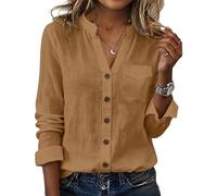 Womens Shirts Cotton Linen V Neck Long Sleeve Tops Women Mandarin Collar Button-Down Shirts with Chest Pocket Ladies Breathable Village Fete Casual Blouses S-2Xl Khaki