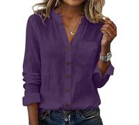 Womens Shirts Cotton Linen V Neck Long Sleeve Tops Women Mandarin Collar Button-Down Shirts with Chest Pocket Ladies Breathable Village Fete Casual Blouses S-2Xl Purple