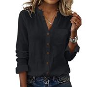 Womens Shirts Cotton Linen V Neck Long Sleeve Tops Women Mandarin Collar Button-Down Shirts with Chest Pocket Ladies Breathable Village Fete Casual Blouses S-2Xl Black
