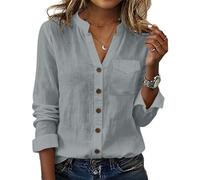 Womens Shirts Cotton Linen V Neck Long Sleeve Tops Women Mandarin Collar Button-Down Shirts with Chest Pocket Ladies Breathable Village Fete Casual Blouses S-2Xl Gray
