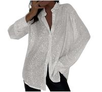 Women's Shirts Full Sequined Ladies Tops Long Sleeve Shirts UK Lapel V Neck Button Down Blousers Fashion Shinny Lightweight Working Office with Casual Pants for Outwear Or Basic