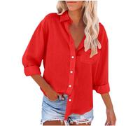 Women's Shirts Long Sleeve Button Down Blouses Cotton Linen Oversized Blouses T-Shirts Office Work Casual Classic Dressy Tops V Neck with Pocket Going Out Spring Autumn B Red L