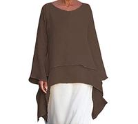 Womens Shirts Longline Tops for Leggings Plus Size Swing Tops Shirts Solid Crewneck Tunic Blouse Double Layered Hem High Low Blouse Solid Color Party Ladies Oversized Tee Brown 4XL
