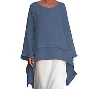 Womens Shirts Longline Tops for Leggings Plus Size Swing Tops Shirts Solid Crewneck Tunic Tops Blouse Double Layered Hem High Low Blouse Solid Color Party Shirts Ladies Oversized Tee Tops Blue XXL