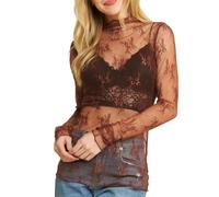 Women's Shirts Mesh Transparent Crop Top Long Sleeve High Neck Lace Floral See Through Y2K Shirt Blouses (Brown, L)