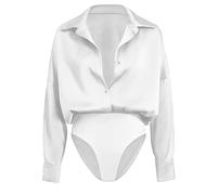 Womens Shirts Satin Long Sleeve Bodysuit Shirt Collared Button Down Blouses Work Office Elegant Casual Tops Smooth Silky Slim Fit Blouse Bodysuits for Women UK White XL