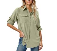 Womens Shirts UPF 50+ Quick Dry Tops with Multi Pockets Button Down Roll Up Long Sleeve Collared Blouse Breathable Loose Fit Casual Top for Women Outdoor Hiking Khaki M