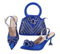 Women's Shoe and Bag Set Italian Nigerian Style Pointed Toe Slippers with Crystal for Parties Royal Blue