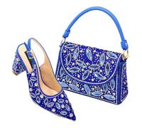 Women's Shoe and Bag Set Nigerian Style Heels with Rhinestone Handbag, Italian Design for Weddings Blue