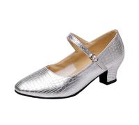 Women's Shoes Leisure Women's Soft Sole Non Slip Square Heels Buckle Strap Round Toe Breathable Dancing Shoes Silver