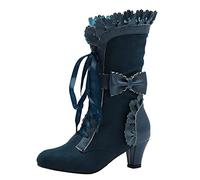 Women's Shoes Plus Size Lace Bow High Thick Heel Front Lace Up Plus Size Women's Short Boots Ankle Boots Flat Women's Boots, blue, 9 UK