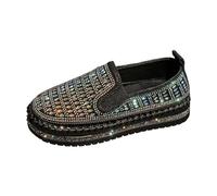 Women's Shoes Shiny Platform Loafers | Slip On Multilayer Rhinestone Round Toe Pull Back Thick Notched Sole | Urban Style for City Going Out Daily, 01 Black, 9.5 UK