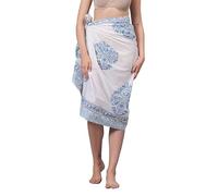 Women's Short 100% Cotton Hand Block Sarongs Beach Wrap Sheer Bikini Colors Wraps Chiffon Cover Ups for Swimwear Sarong Skirt (White & Blue)