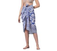 Women's Short 100% Cotton Hand Block Sarongs Beach Wrap Sheer Bikini Colors Wraps Chiffon Cover Ups for Swimwear Sarong Skirt (White & Blue1)