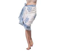 Women's Short 100% Cotton Hand Block Sarongs Beach Wrap Sheer Bikini Colors Wraps Chiffon Cover Ups for Swimwear Sarong Skirt (Aqua & White)