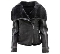 Women's Short Black Merino Sheepskin Aviator Leather Jacket