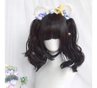 Women's Short Bobo Wig with 2 Detachable Design Claw Clip Pigtails Ponytails Lolita Cosplay Wigs (Black-Water wave curly)