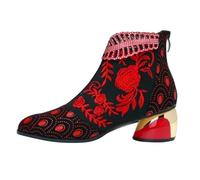 Women's Short Boots with Block Heel Middle Heel Ethnic Style Women Short Boots New Embroidery Thick with Spring and Autumn Large Yards Foreign Trade Boots, red, 5 UK
