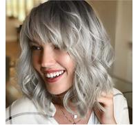 Women's short curly gradient silver gray wig,with Bangs, premium synthetic fiber Wigs with Natural appearance Suitable for women's daily role-play Wear