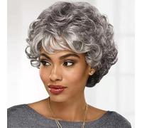 Women's short curly wigs Soft Short Curly Wig Natural Looking with Bangs Afro Loose Curls Heat Resistant Synthetic Wig for African Women Daily wear(Silver grey)