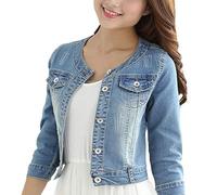 Women's Short Denim Jacket Round Neck Denim Three Quarter Sleeves Light Blue Jacket, Light Blue, S Petite