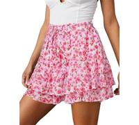 Women's Short Floral Ruffle Chiffon Mini Skirt, Cute Summer Flowy Skort Casual Floral Beach Skorts Ruffle Mini Skirts (Rose Red,M)