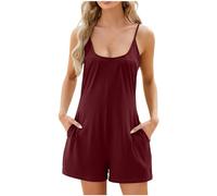 Womens Short Jumpsuit with Pockets Sleeveless Round Neck Loose Short Playsuits Solid Wide Leg Summer Rompers Casual Baggy Pants Wine