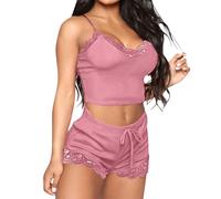 Women's Short Lace Cotton 2-Piece Set Women's Leisure Suit Pyjama Set Sexy Sleep Shirt Full Briefs Sleep Shirt Two Piece with Spaghetti Straps Pyjamas Soft Cami Top and Shorts, pink, L