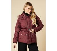 Womens Short Luxe Quilted Padded Puffer Belted Coat Berry 6