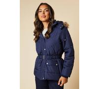 Womens Short Luxe Quilted Padded Puffer Belted Coat Navy 10