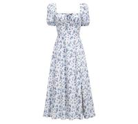 Womens Short Puff Sleeve Sweetheart Neckline Floral Midi Dresses Split Side Flared Flowy Chiffon Maxi Dress Summer Beach Holiday A Line Sundress Blue