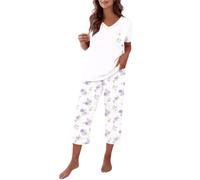 Womens Short Pyjamas Set 2 Piece Short Sleeve Floral Print Pyjama Set Soft Comfy Cotton V Neck Loungewear Tops and Capri Pants with Pockets Lightweight Breatheable Sleepwear Nightwear Purple