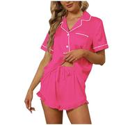 Women's Short Pyjamas Set Sale Clearance,Satin Silk Pjs Set 2 Pieces Button Down Short Sleeve Shirts + Ruffle Shorts Sleepwear Summer Loungewear Two Piece Pajamas Set for Ladies UK Size 8-16