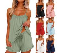 Womens Short Pyjamas Set Womens Vest Pyjamas Set V Neck Home Sets Soft Cute Loungewear Cozy Y2K Sleepwear Sexy Tank Tops Pyjamas 2 Piece Short Pjs Sets Sleeveless Summer Nightwear With Ruffle Trim
