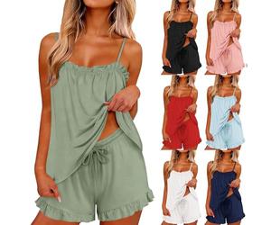 Womens Short Pyjamas Set Womens Vest Pyjamas Set V Neck Home Sets Soft Cute Loungewear Cozy Y2K Sleepwear Sexy Tank Tops Pyjamas 2 Piece Short Pjs Sets Sleeveless Summer Nightwear With Ruffle Trim