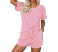 Women's Short Pyjamas Two Piece Set 3/4 Sleeve Short Sleeve Shirt and Yoga Shorts Sets Knitted Pyjama Suit Round Neck 2 Pieces Leisure Suit Casual Sportswear Comfortable Summer Suit, O Rosa, XXL
