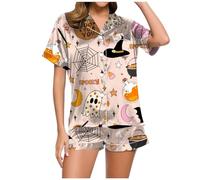 Women's Short Satin Pyjamas Set Buttons Pumpkin Pyjamas Halloween Costume | Halloween Pyjamas Women's Skeleton Bat Pattern Casual Two Piece Lightweight Sleepwear for Halloween Costume Party