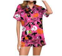 Women's Short Satin Pyjamas Set Buttons Pumpkin Pyjamas Halloween Costume | Halloween Pyjamas Women's Skeleton Bat Pattern Casual Two Piece Lightweight Sleepwear for Halloween Costume Party