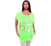 Women's Short Sleeve 67 New York Editions Slogan Long T Shirt Top Ladies Two Side Pockets Long Dipped Hem Limited Edition 67 New York Long T-Shirt Top (Neon Green, UK 16)