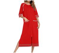 Womens Short Sleeve and Half Sleeve House Coat Zipper Front Robes Full Length Nightgowns with Pockets Ladies Solid Color Loungewear Pyjamas Warm Comfy Soft Nightdress Maxi Dress Sleepwear Nightwear