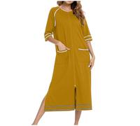Womens Short Sleeve and Half Sleeve House Coat Zipper Front Robes Full Length Nightgowns with Pockets Ladies Solid Color Loungewear Pyjamas Warm Comfy Soft Nightdress Maxi Dress Sleepwear Nightwear