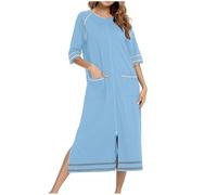 Womens Short Sleeve and Half Sleeve House Coat Zipper Front Robes Full Length Nightgowns with Pockets Ladies Solid Color Loungewear Pyjamas Warm Comfy Soft Nightdress Maxi Dress Sleepwear Nightwear