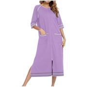 Womens Short Sleeve and Half Sleeve House Coat Zipper Front Robes Full Length Nightgowns with Pockets Ladies Solid Color Loungewear Pyjamas Warm Comfy Soft Nightdress Maxi Dress Sleepwear Nightwear