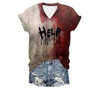 Women's Short Sleeve Bloody Print T-Shirts - Halloween Costume V Neck Loose Fit Classic Horror Top Chic Casual Comfortable Bloody Top Versatile Carnival Blood Streetwear, Bronze, L