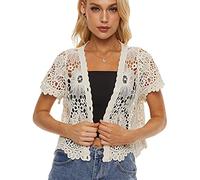 Women's Short Sleeve Bolero Shrugs Crochet Lace Open Cardigan, Beige-a, One Size