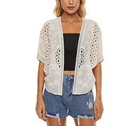 Women's Short Sleeve Bolero Shrugs Crochet Lace Open Cardigan, Beige-b, One size