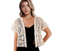 Women's Short Sleeve Bolero Shrugs Crochet Lace Open Cardigan, Beige, One Size